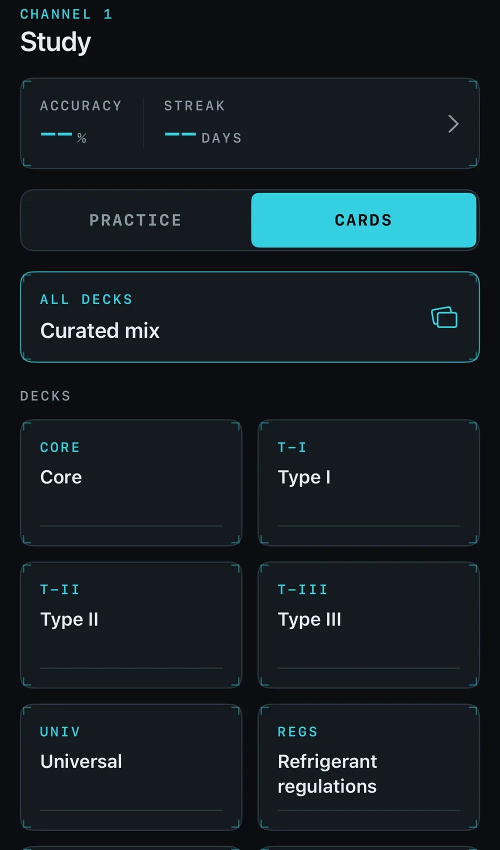 EPA 608 flashcard decks, one per category