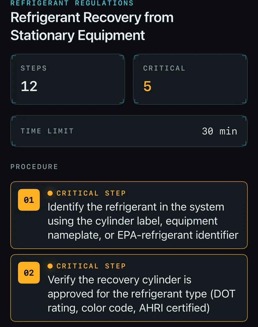 EPA 608 refrigerant recovery skill with critical steps flagged
