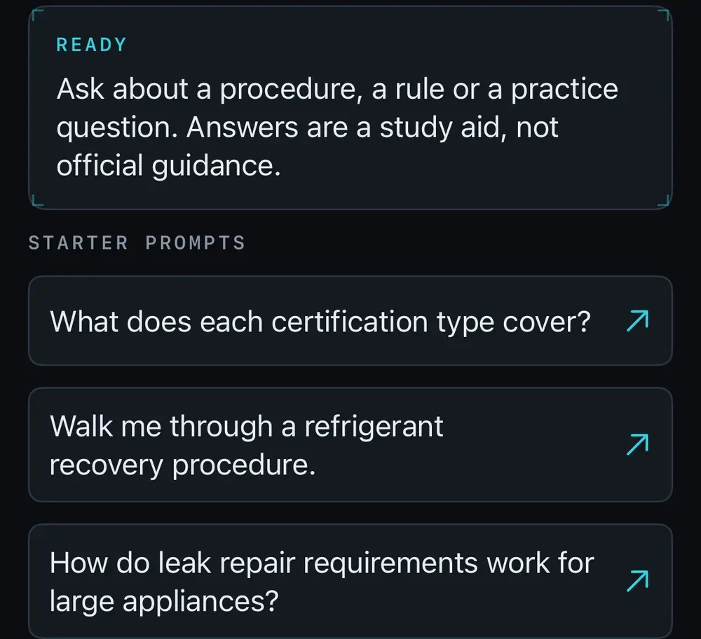 EPA 608 tutor with starter prompts and a study-aid notice